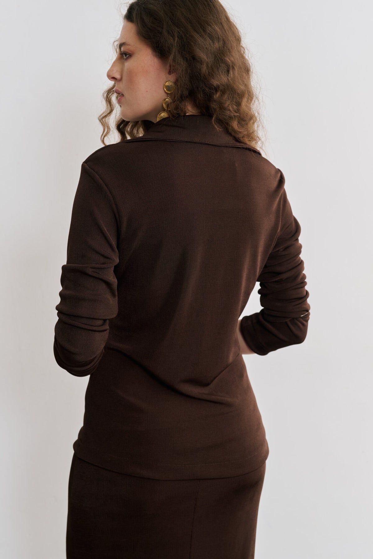 Camisa de Malha Cintilante Com Botões Tartaruga Aline - Marrom