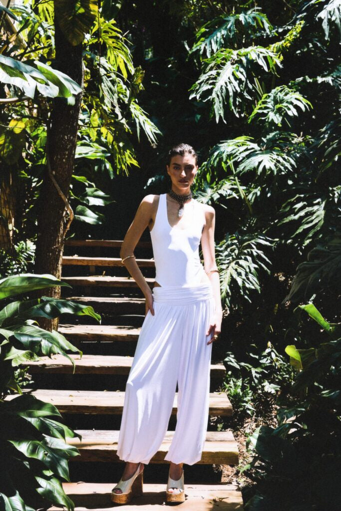 Calça Aladim de Malha Com Pala Drapeada Aghata - Off White