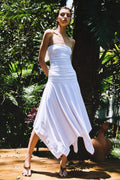 Saia Midi Assimétrica de Malha Fria com Pala Drapeada Martina - Off White