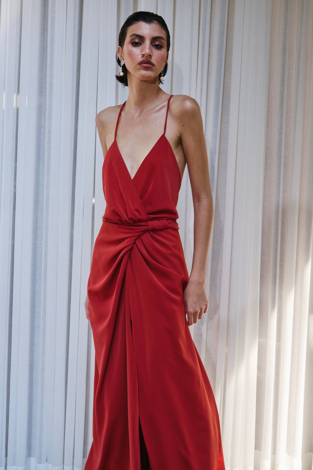 Vestido Drapeado Frente Única Com Fenda Pri – Terracota