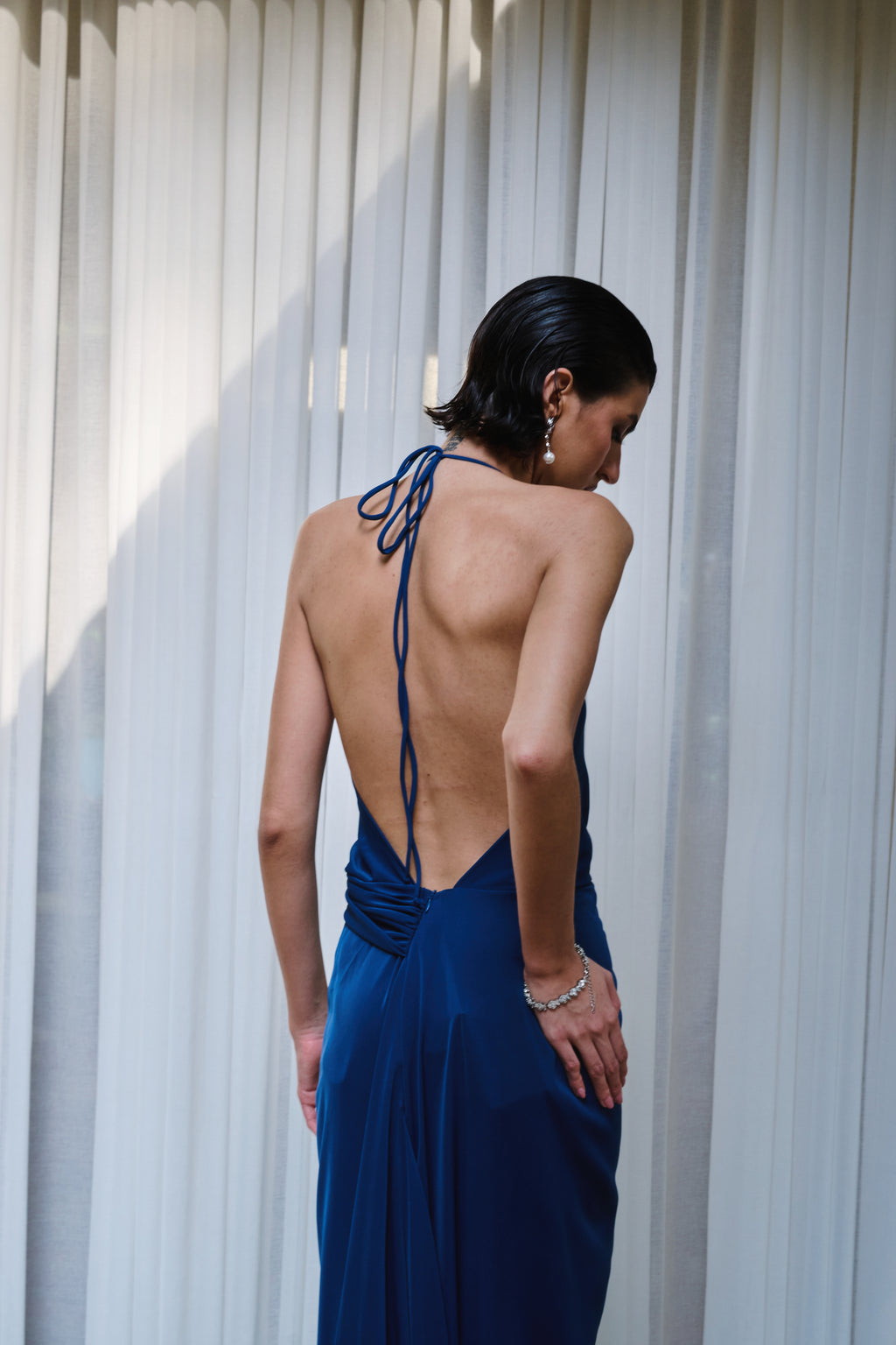 Vestido Drapeado Frente Única Com Fenda Pri – Azul Marinho