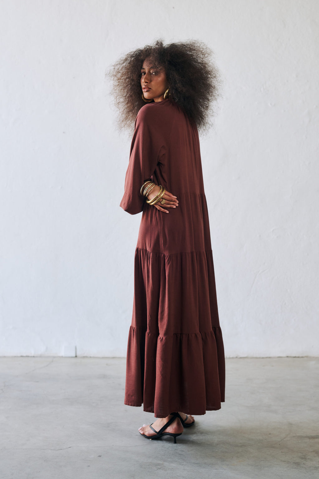 Vestido Decote V Manga Longa Louise - Marrom