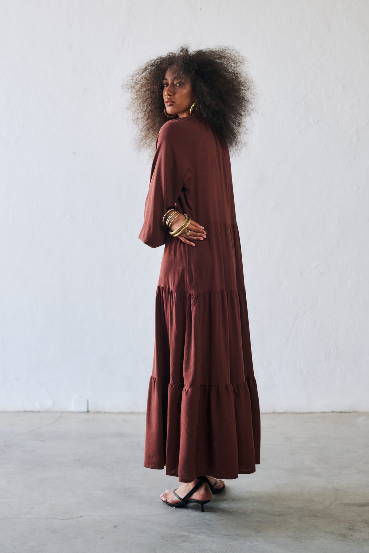 Vestido Decote V Manga Longa Louise - Marrom