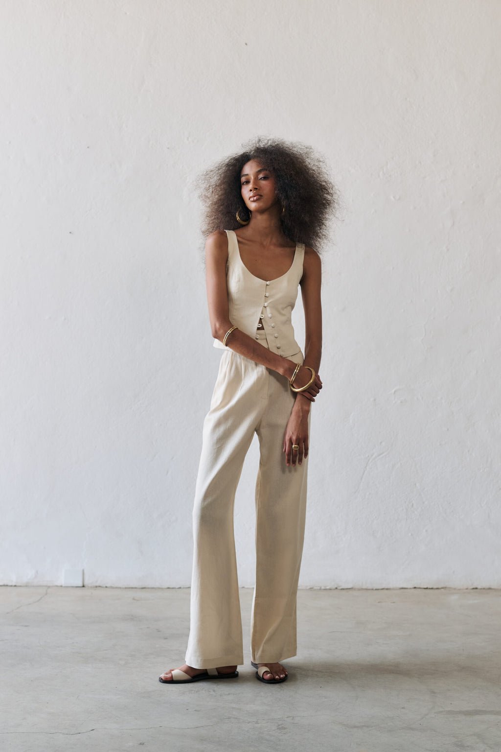 Calça Pantalona De Linho Eliza - Areia