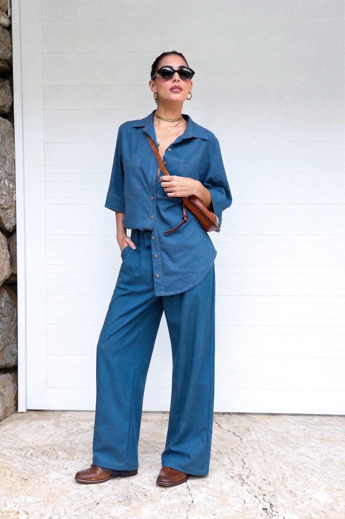 Calça Pantalona De Linho Eliza - Azul Jeans