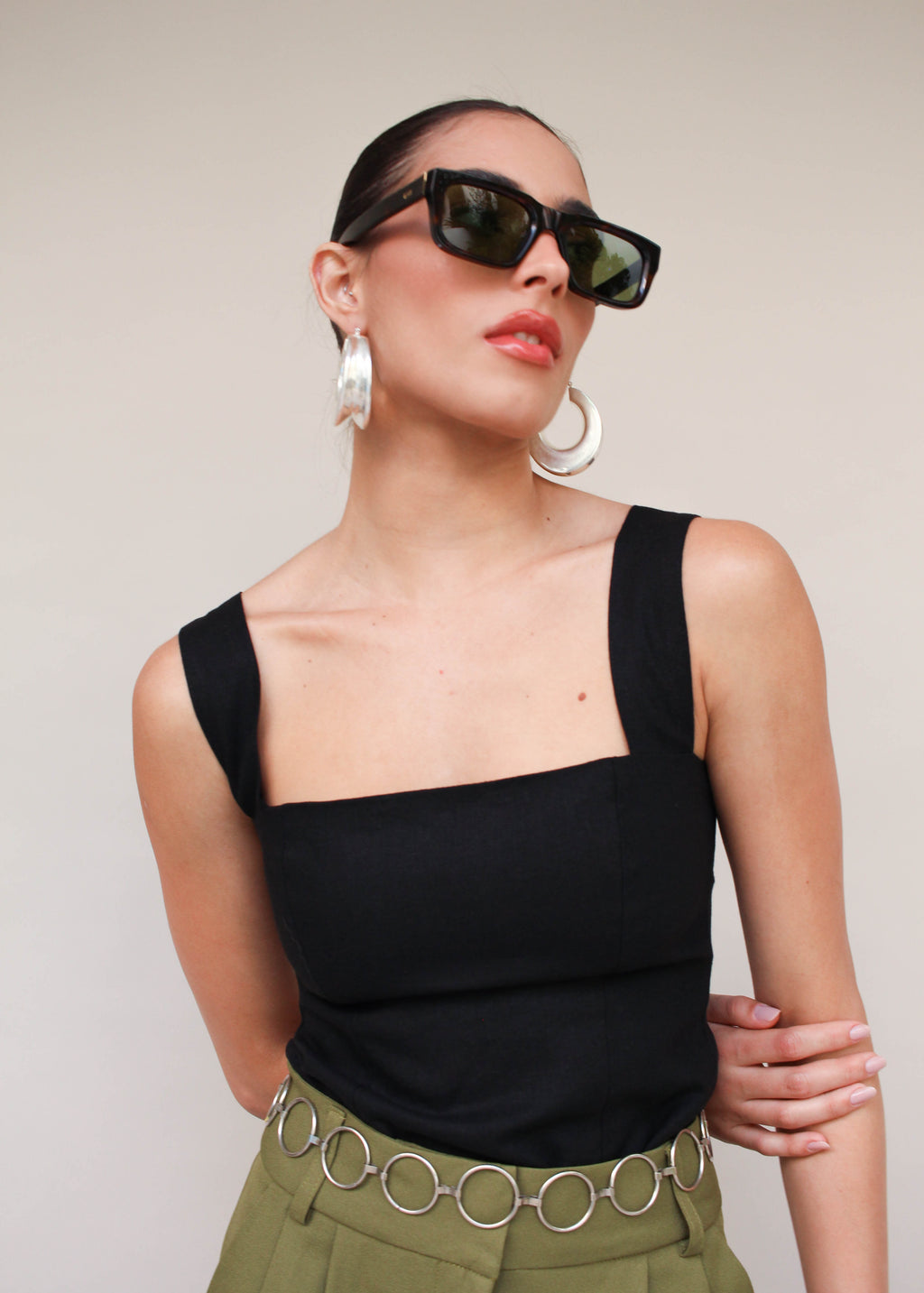 Blusa De Linho Decote Quadrado E Alças Largas Marquesa - Preto