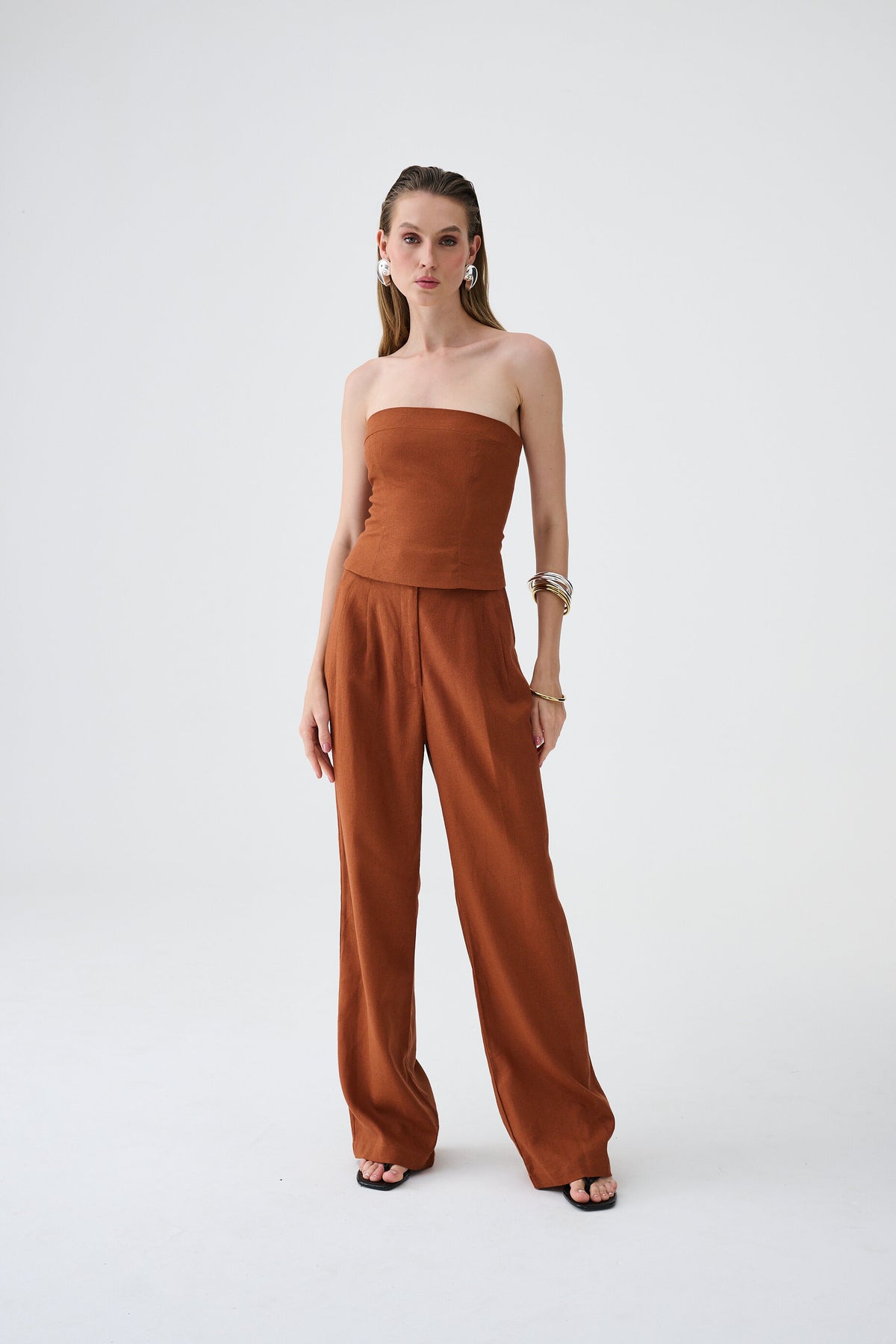 Calça Pantalona De Linho Eliza - Marrom