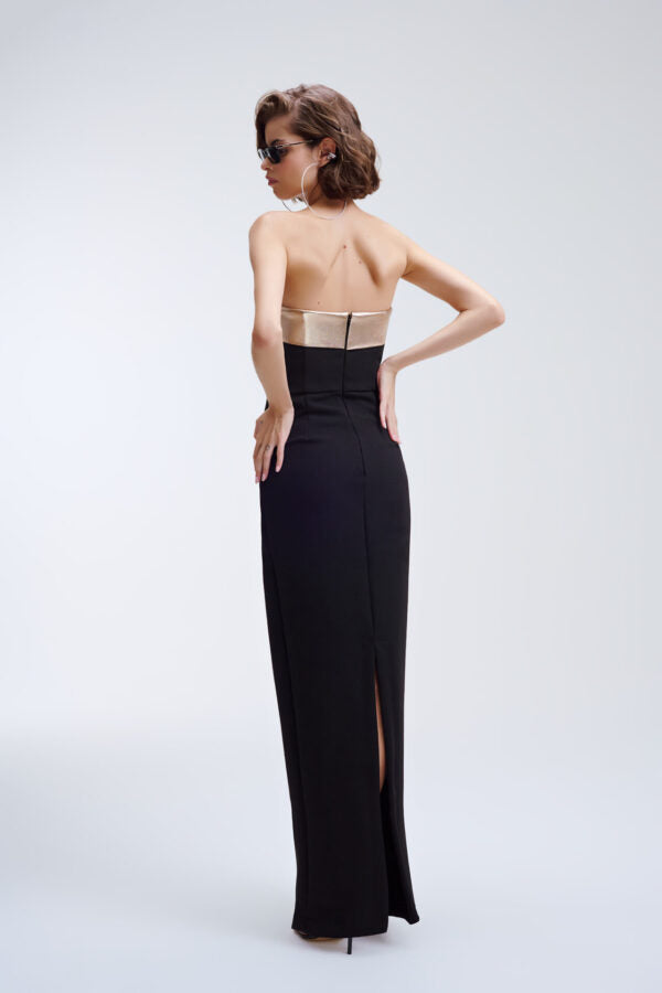 Vestido Longo Sem Alças Com Detalhe Dourado No Busto Eloisa - Preto