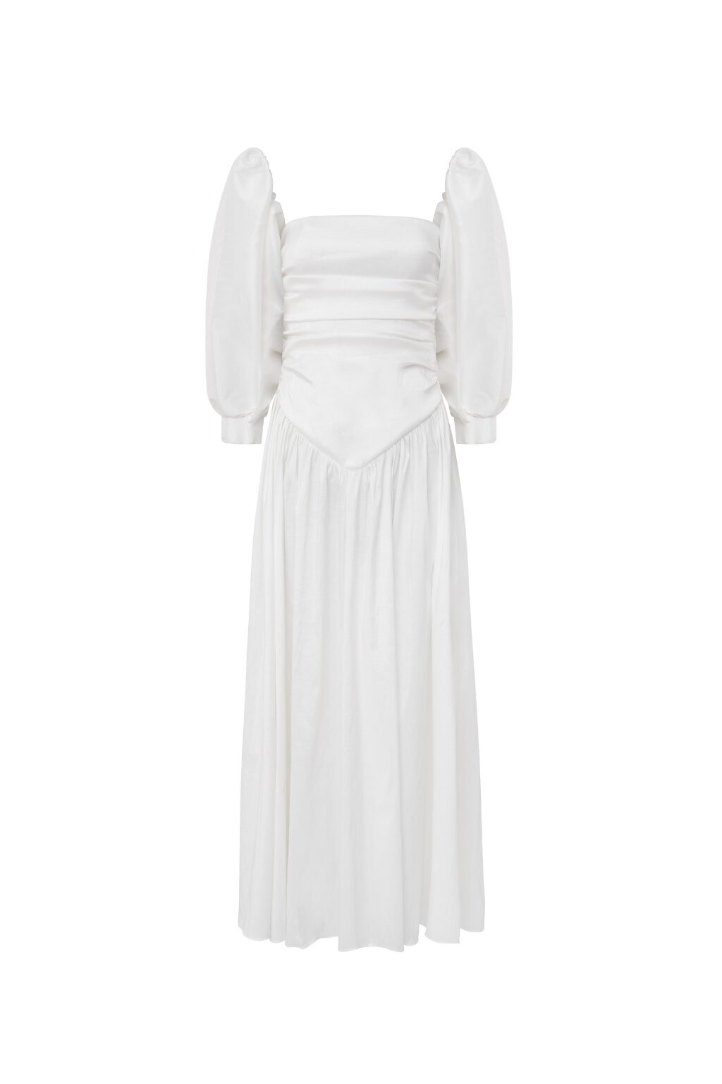 Vestido Longo Sem Alças Com Cintura Baixa e Detalhe em V e Mangas Bufantes Leonor - Off White