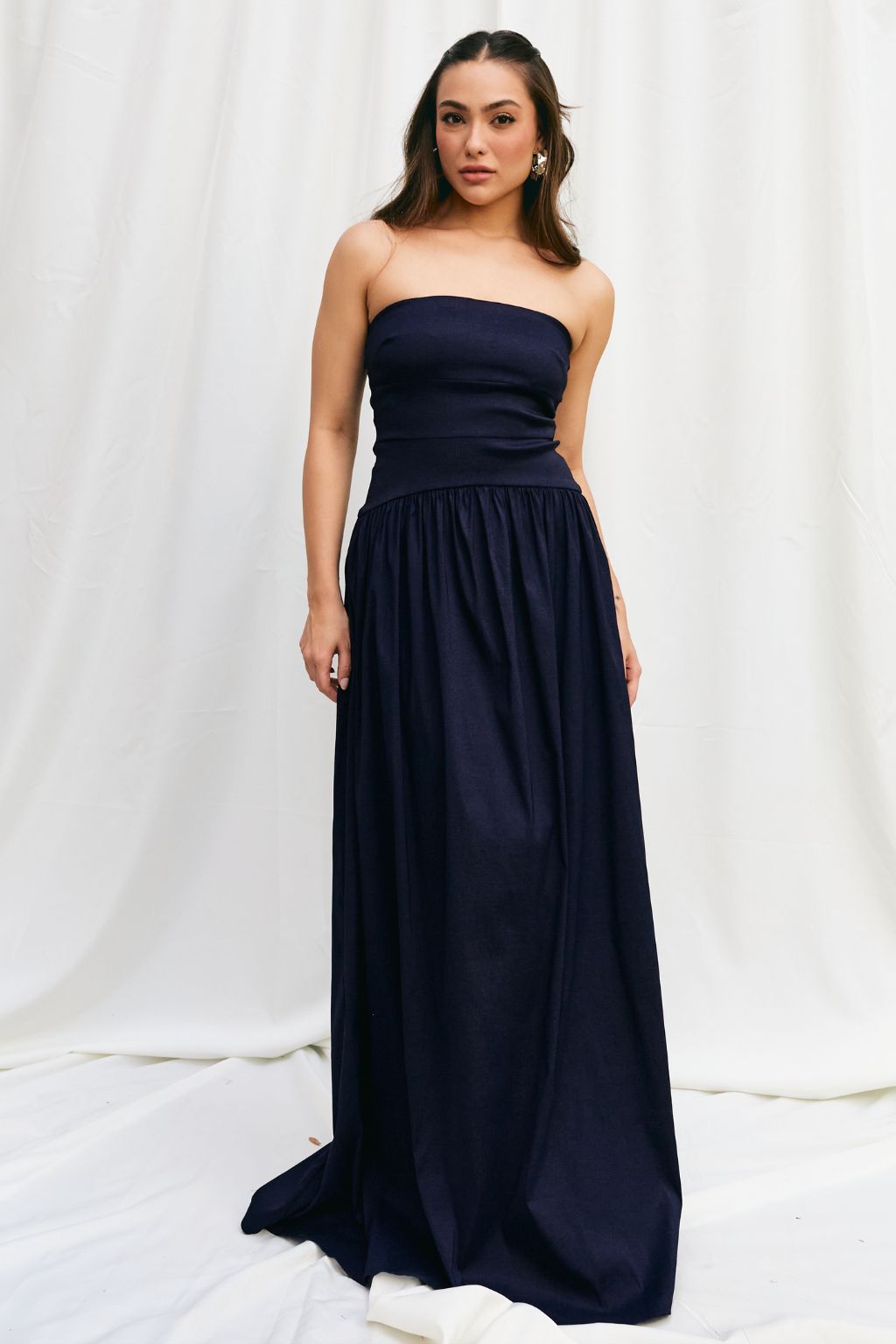 Vestido Longo Tafetá Sem Alças Eugenia – Marinho
