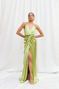 Vestido Acetinado Drapeado Frente Única Com Fenda Priscila – Limoncello