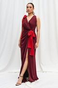Vestido Longo Drapeado com Decote Transpassado e Laços Daphne - Uva
