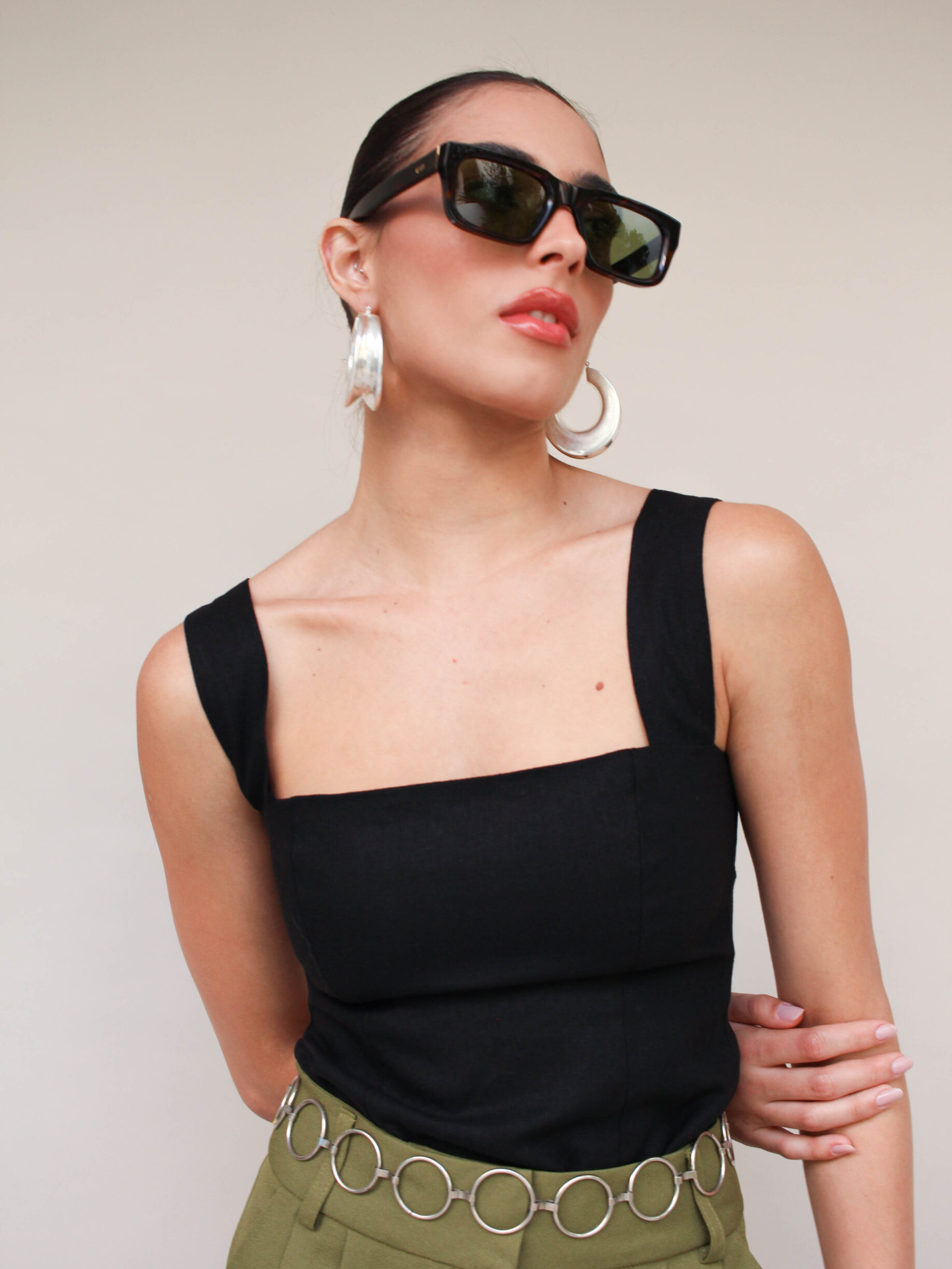 Blusa De Linho Decote Quadrado E Alças Largas Marquesa - Preto