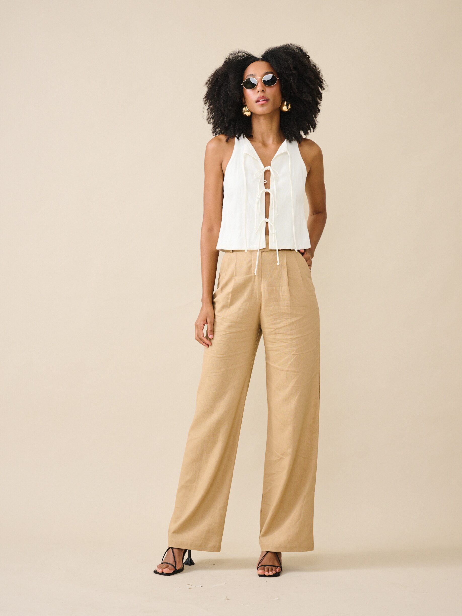 Calça Pantalona De Linho Eliza - Palha