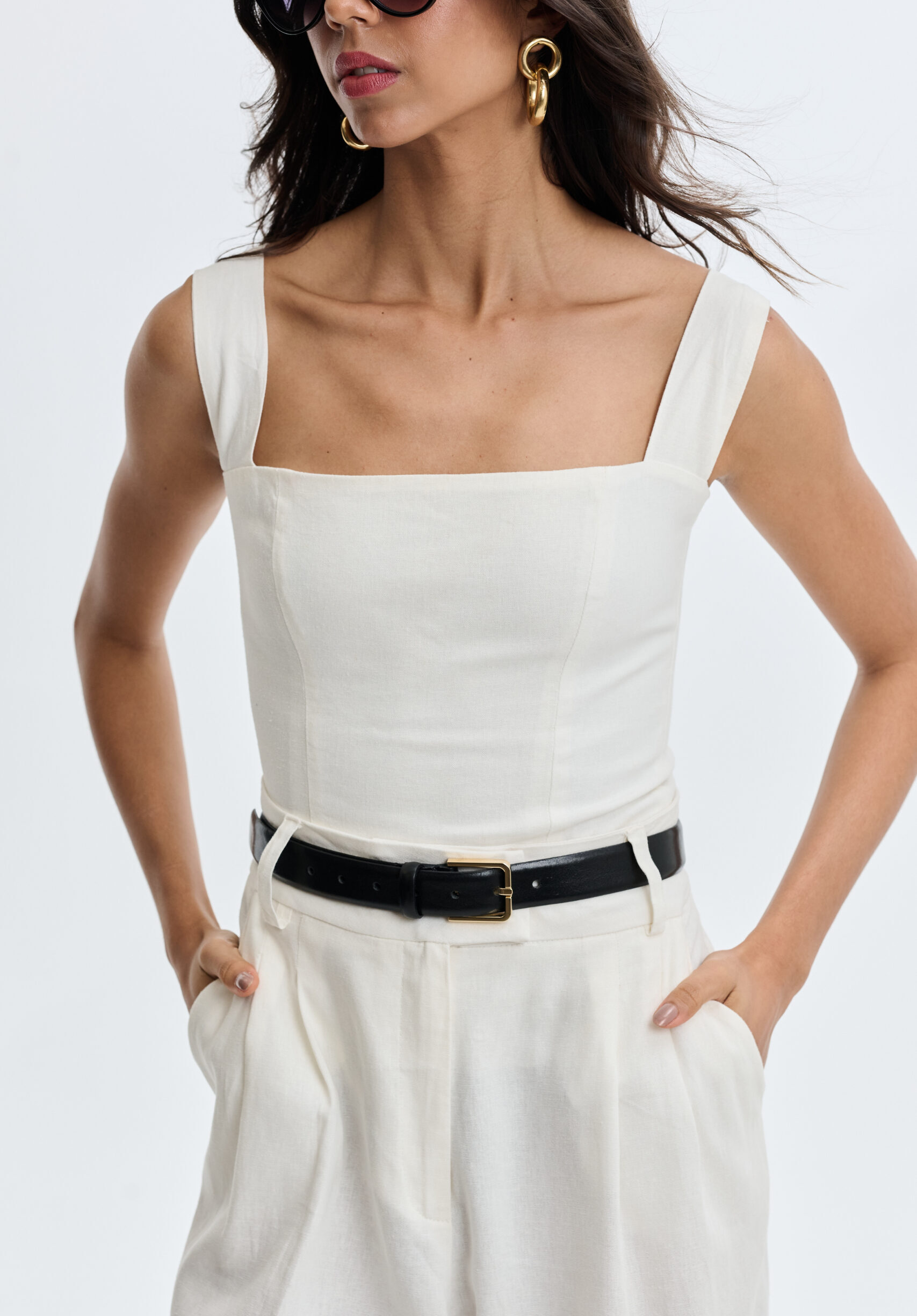Blusa De Linho Decote Quadrado E Alças Largas Marquesa - Off white