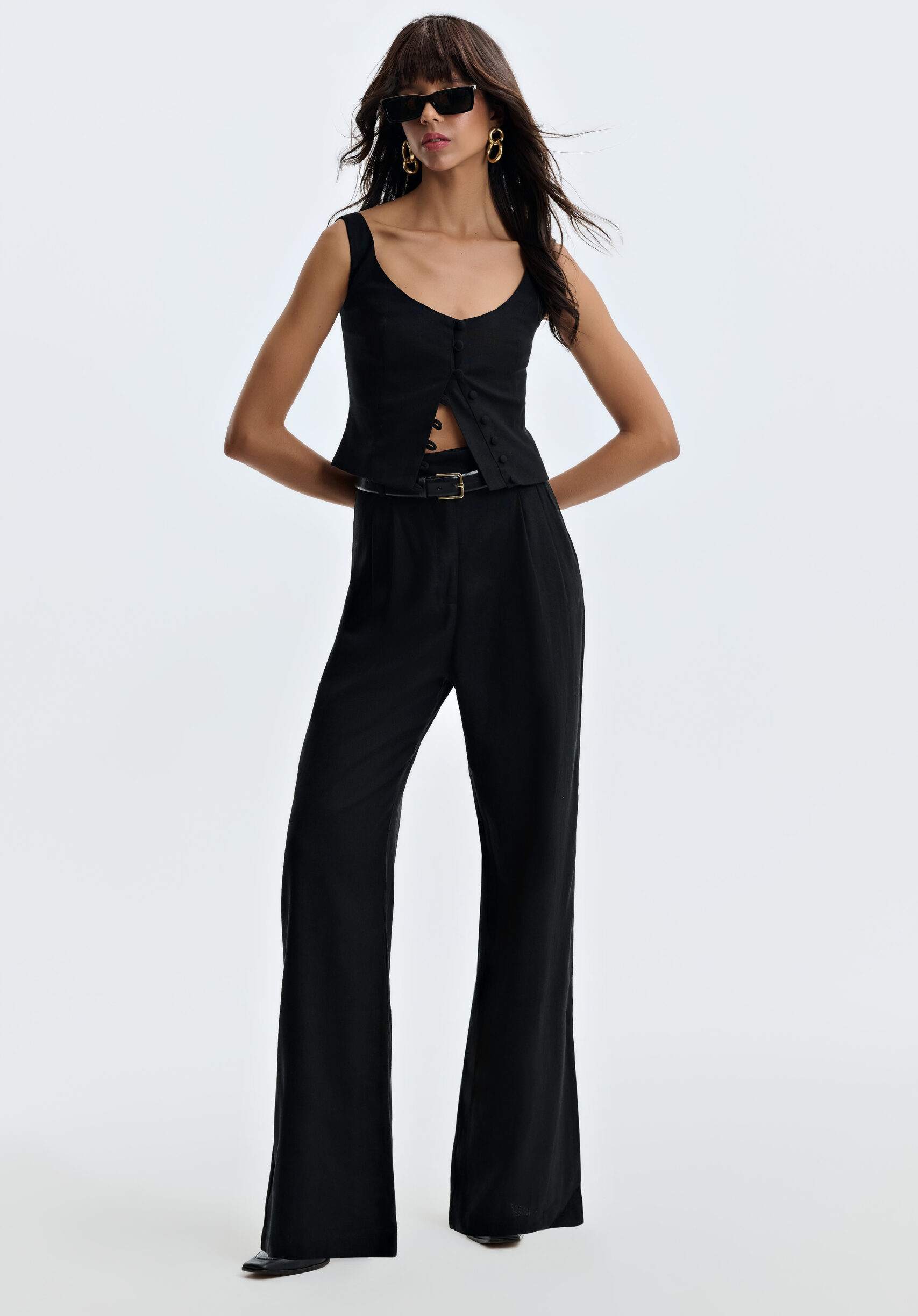 Calça Pantalona De Linho Eliza - Preto