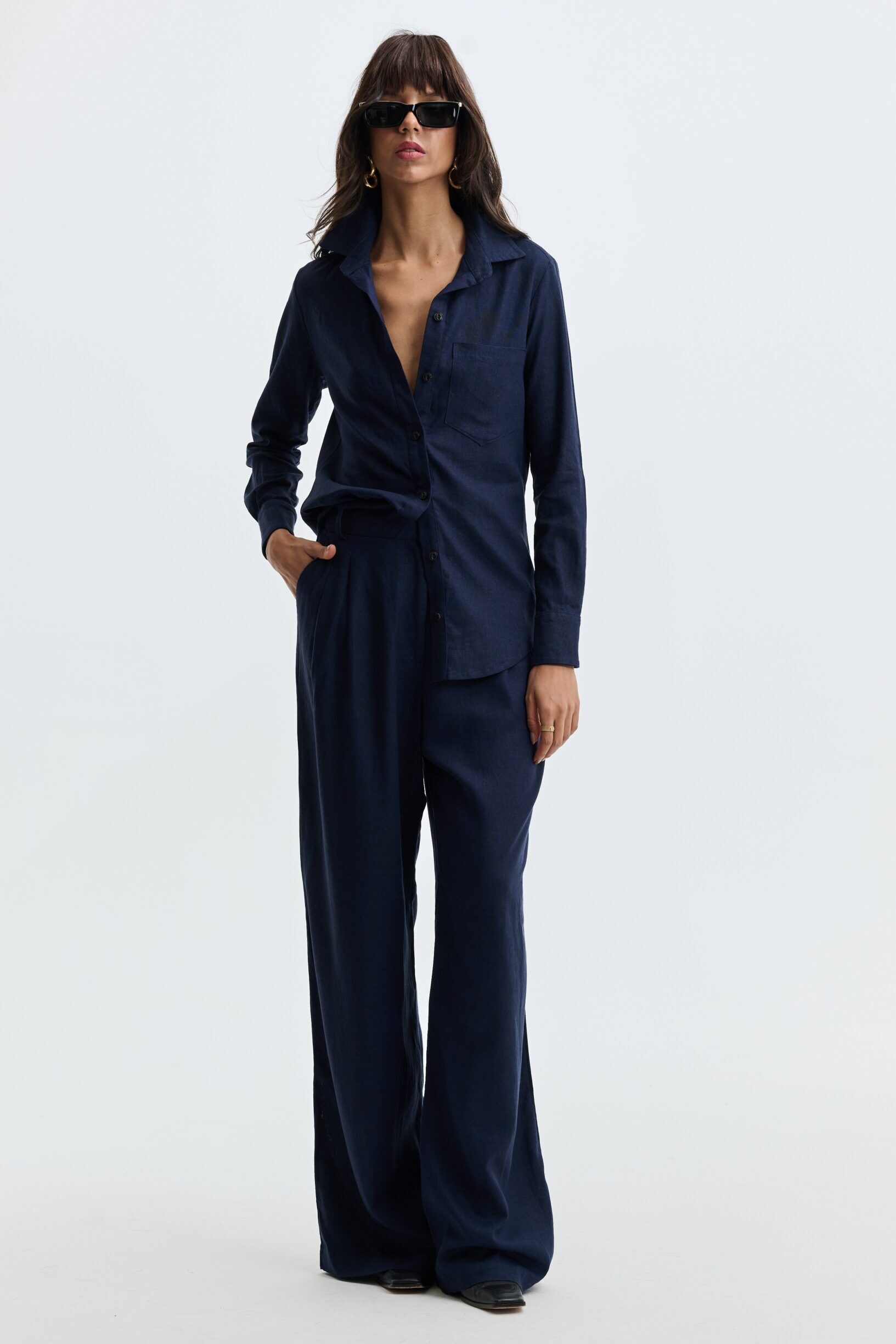 Calça Pantalona De Linho Eliza - Azul Marinho