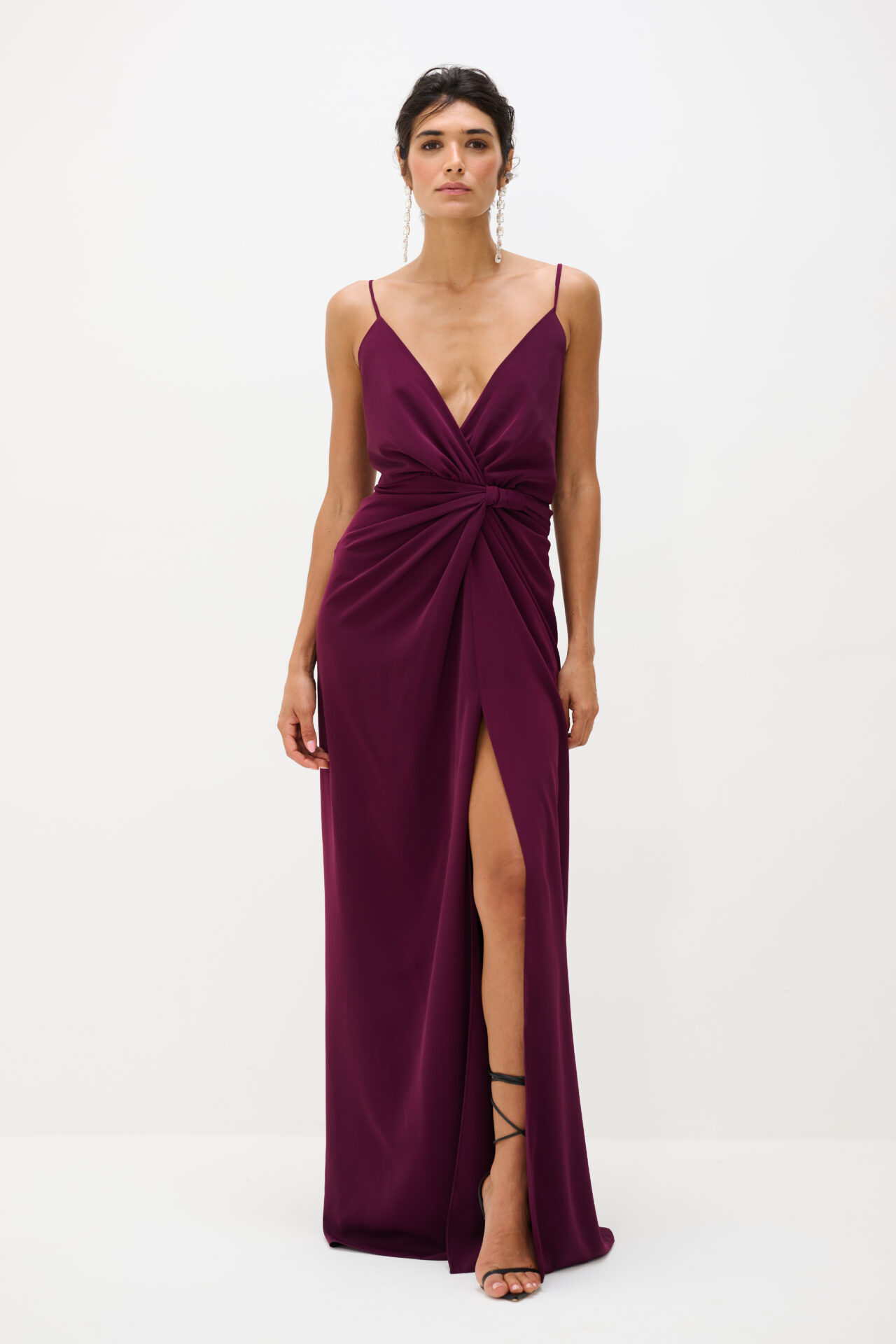 Vestido Drapeado Frente Única Com Fenda Pri - Vinho