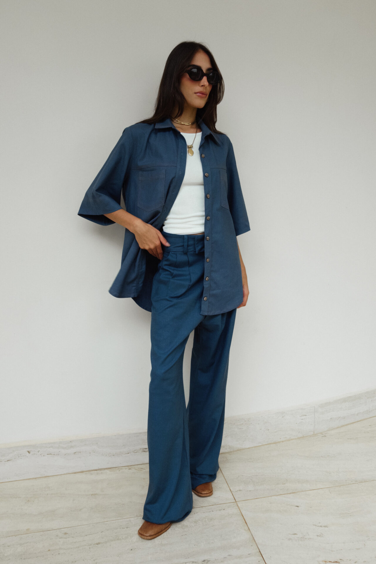 Calça Pantalona De Linho Eliza - Azul Jeans