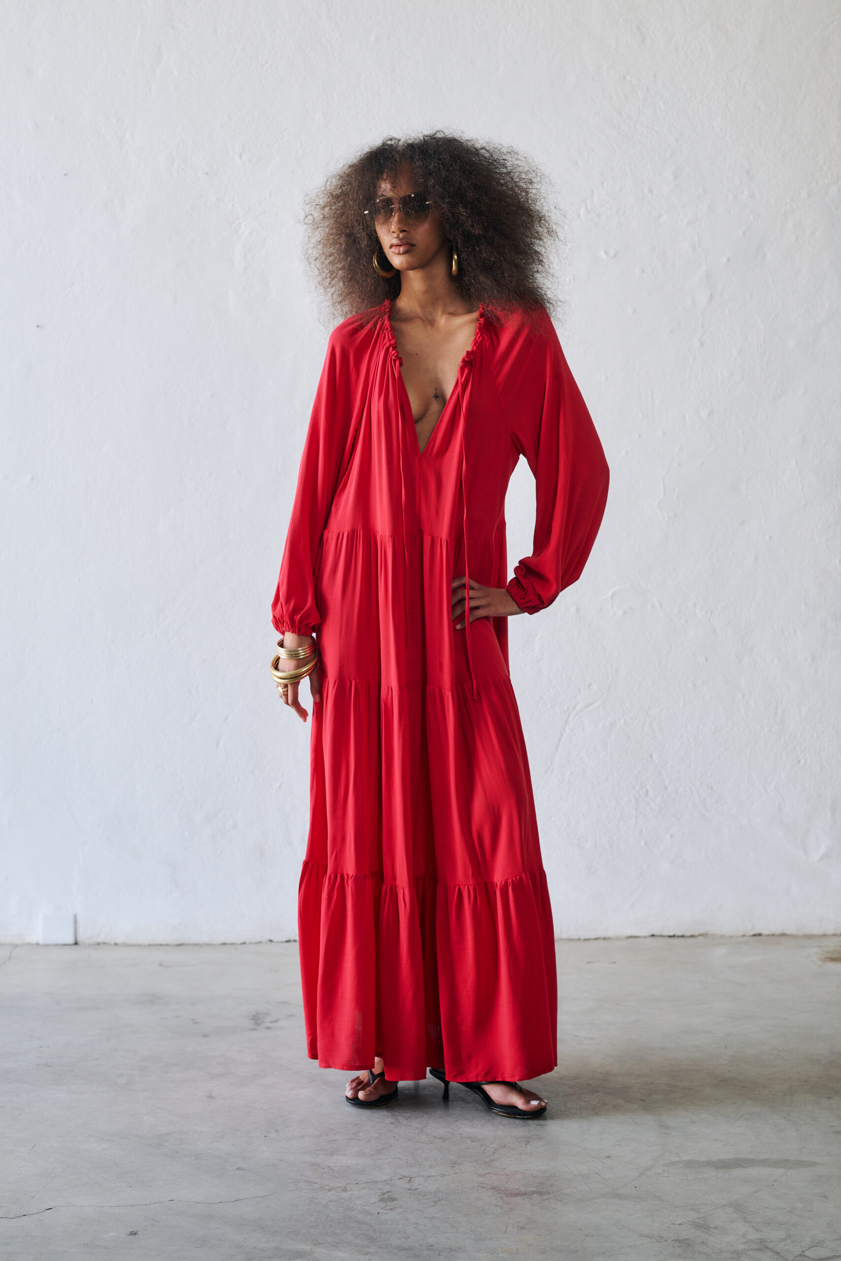 Vestido Decote V Manga Longa Louise - Vermelho