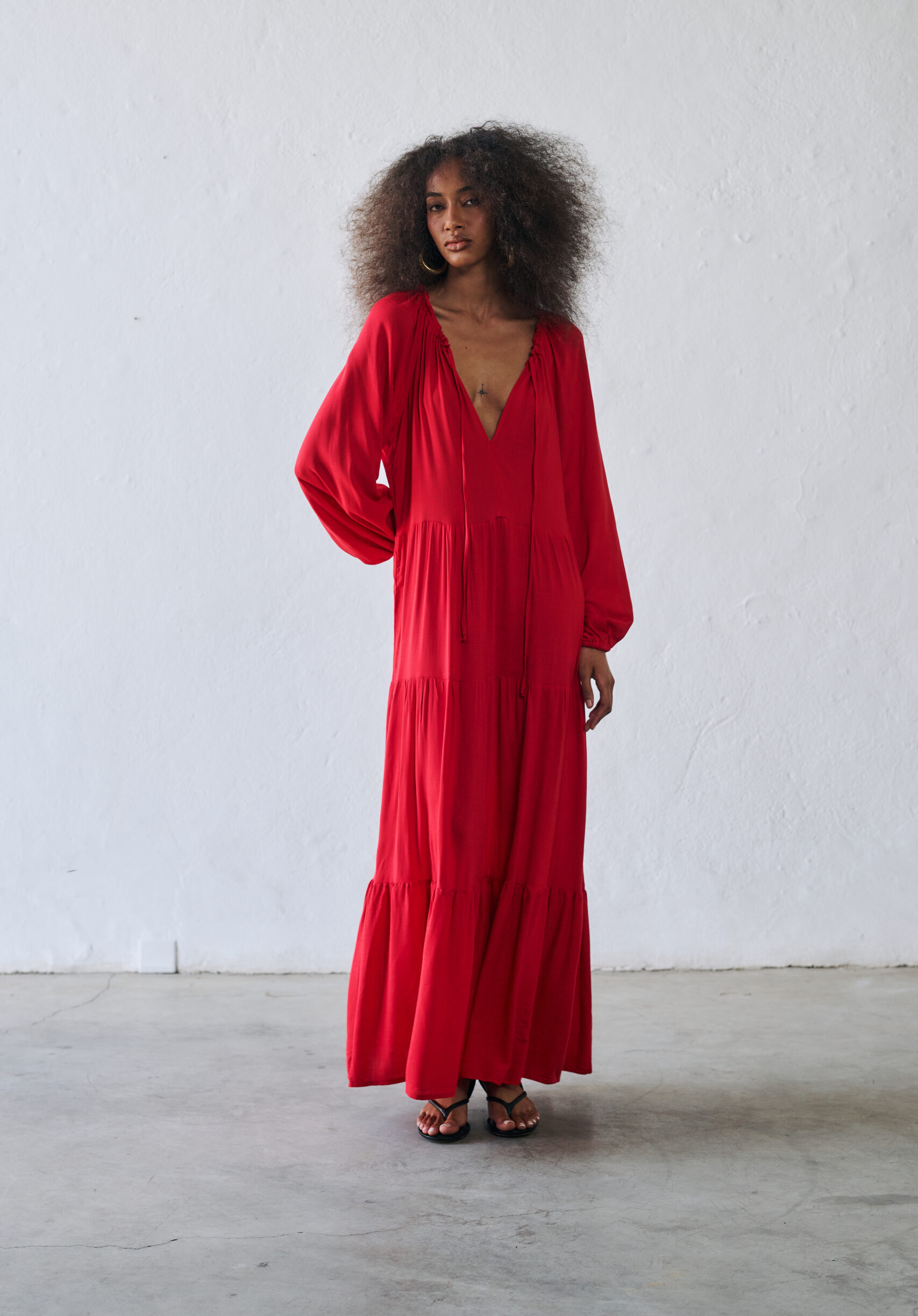 Vestido Decote V Manga Longa Louise - Vermelho