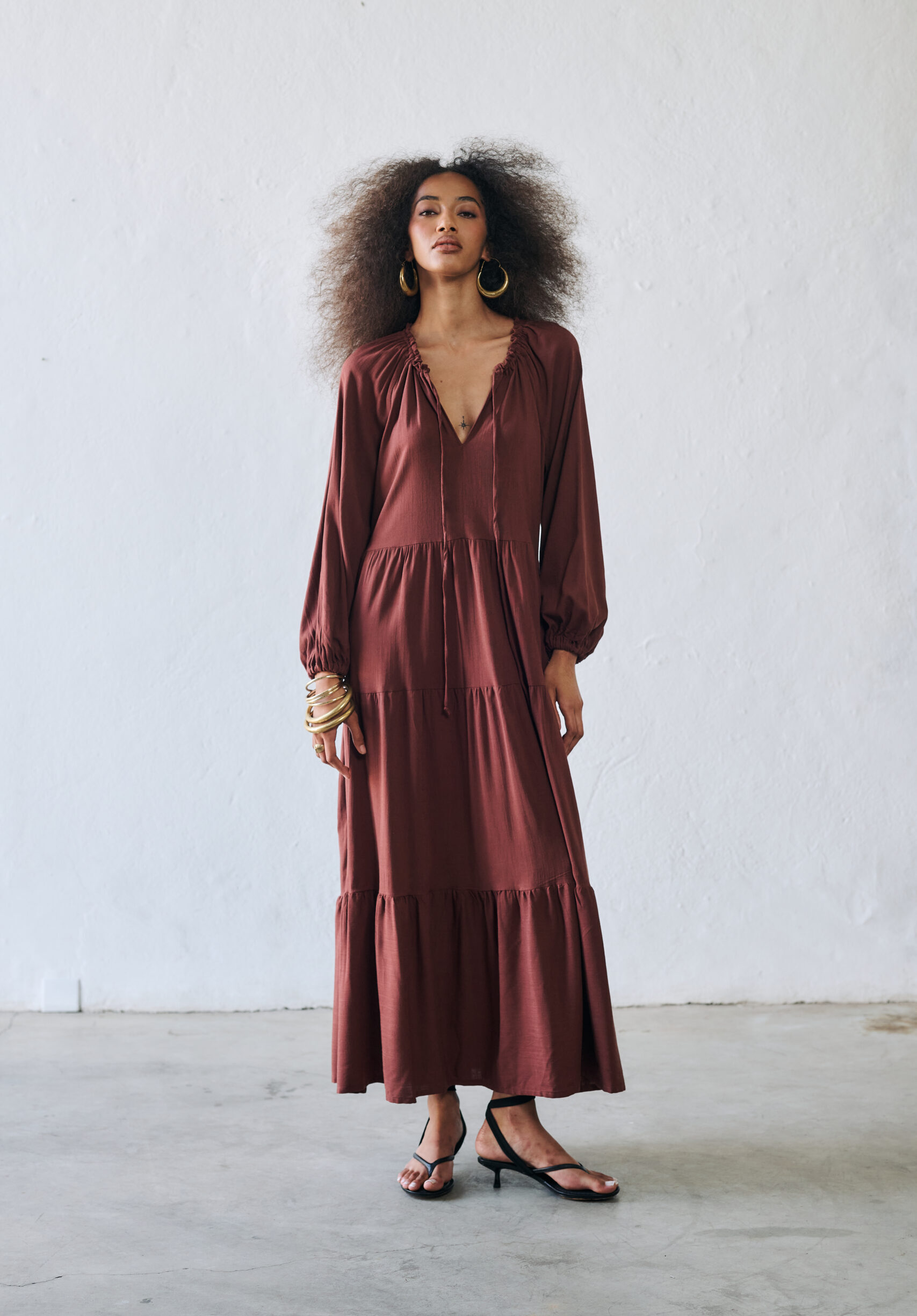 Vestido Decote V Manga Longa Louise - Marrom