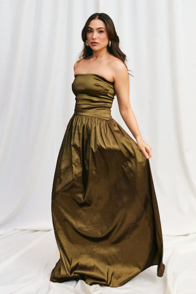 Vestido Longo Tafetá Sem Alças Eugenia - Dourado - Imagem 3