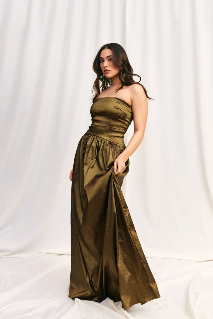 Vestido Longo Tafetá Sem Alças Eugenia - Dourado - Imagem 2