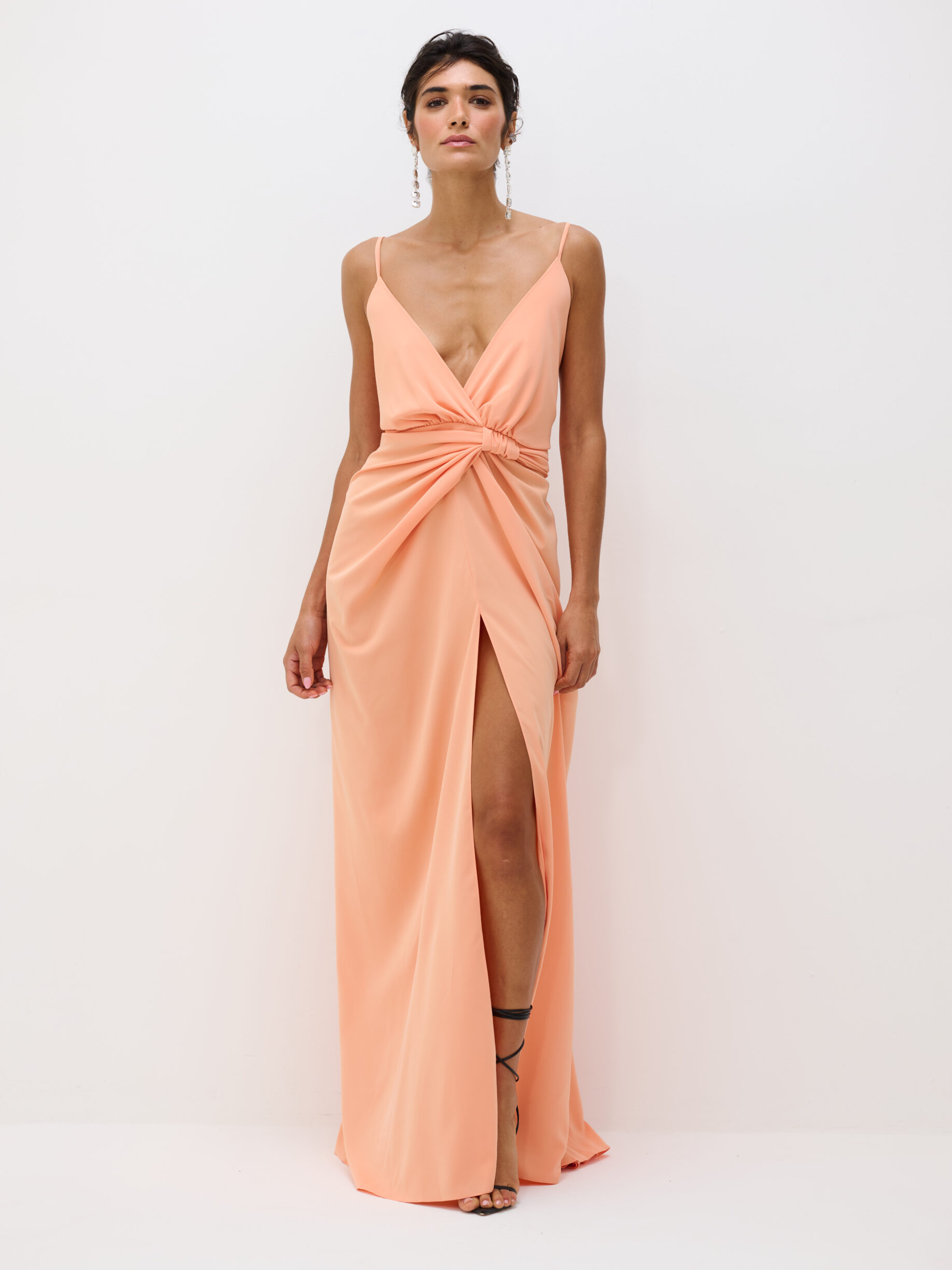 Vestido Drapeado Frente Única Com Fenda Pri - Pêssego