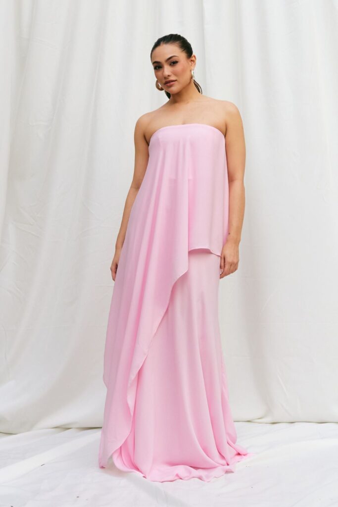 Conjunto Sem Alça Com Blusa Assimétrica e Saia Longa Siena - Rosa Chiclete