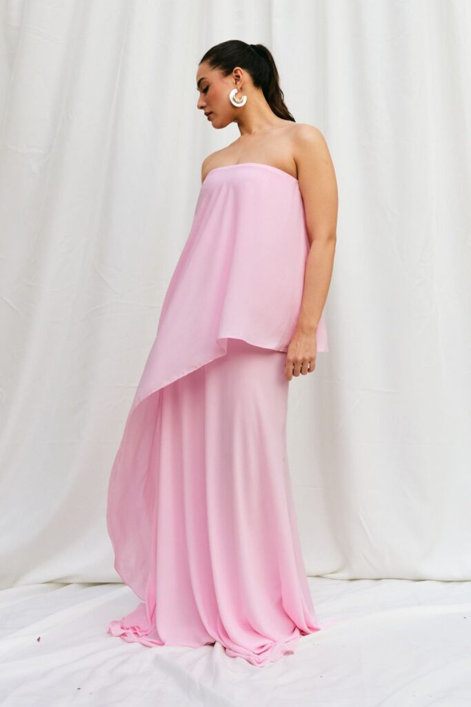 Conjunto Sem Alça Com Blusa Assimétrica e Saia Longa Siena - Rosa Chiclete - Imagem 3