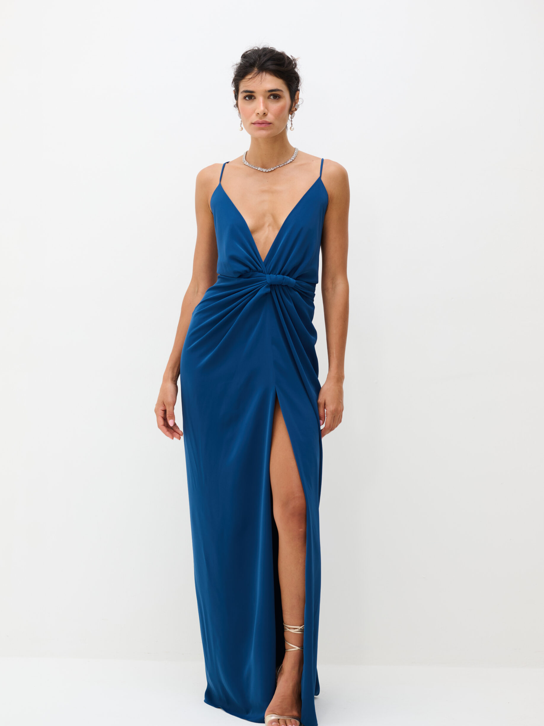 Vestido Drapeado Frente Única Com Fenda Pri - Marinho