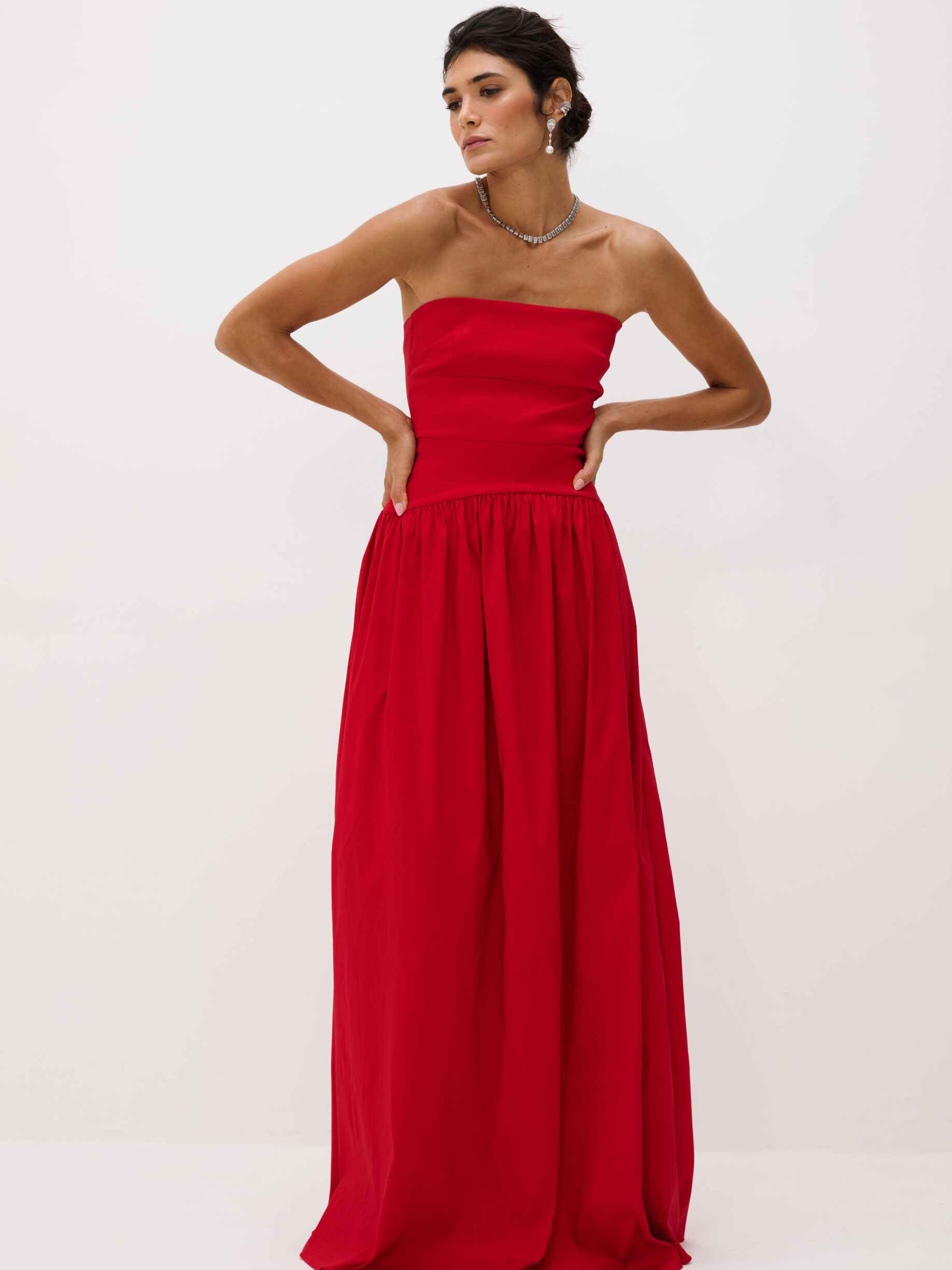 Vestido Longo Tafetá Sem Alças Eugenia - Vermelho