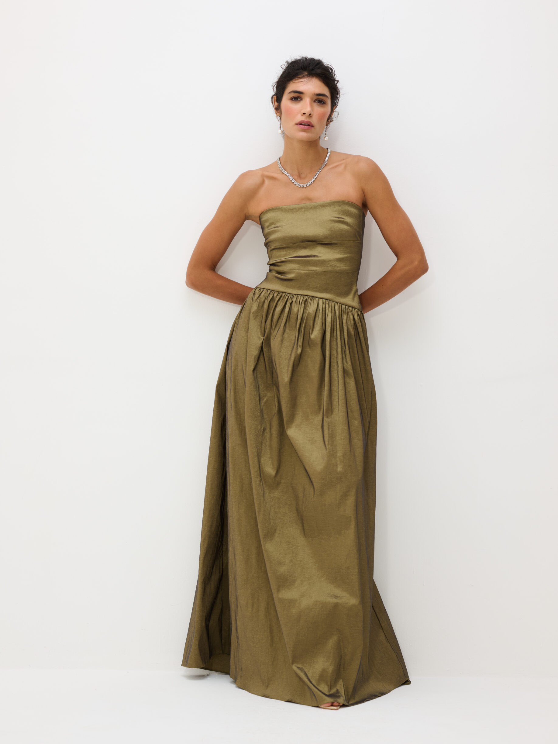 Vestido Longo Tafetá Sem Alças Eugenia - Dourado