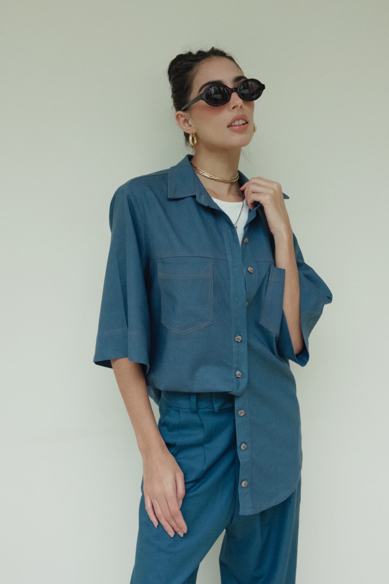 Camisa De Linho Pespontada Lina - Azul Jeans