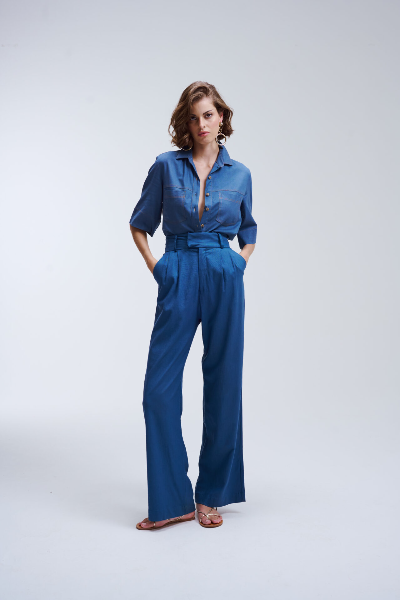 Camisa De Linho Pespontada Lina - Azul Jeans