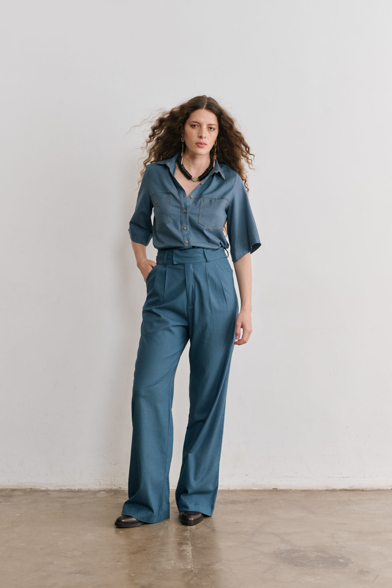 Calça Pantalona De Linho Eliza - Azul Jeans