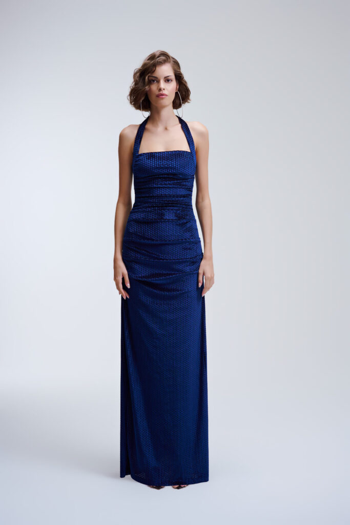 Vestido Longo De Veludo Drapeado Dora - Marinho