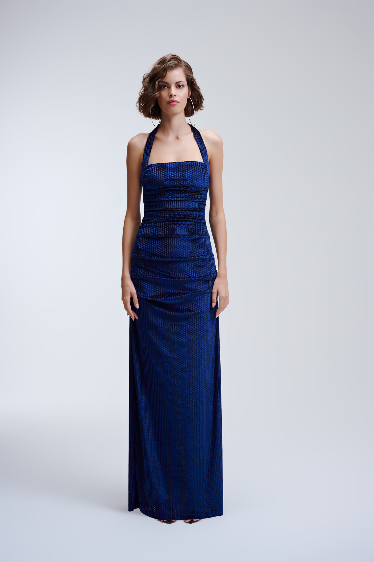 Vestido Longo De Veludo Drapeado Dora - Marinho