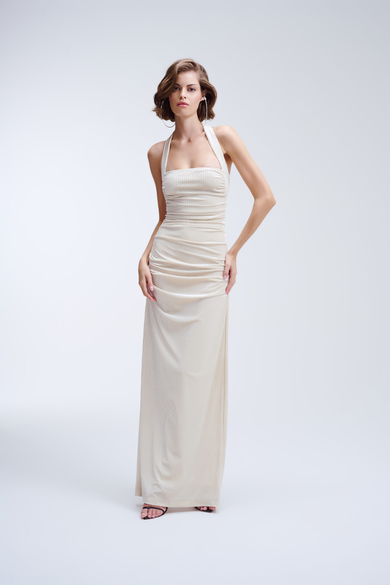 Vestido Longo De Veludo Drapeado Dora - Off White