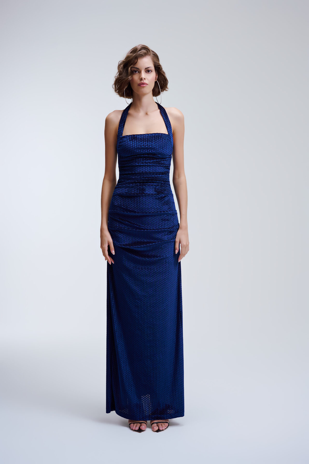 Vestido Longo De Veludo Drapeado Dora - Marinho