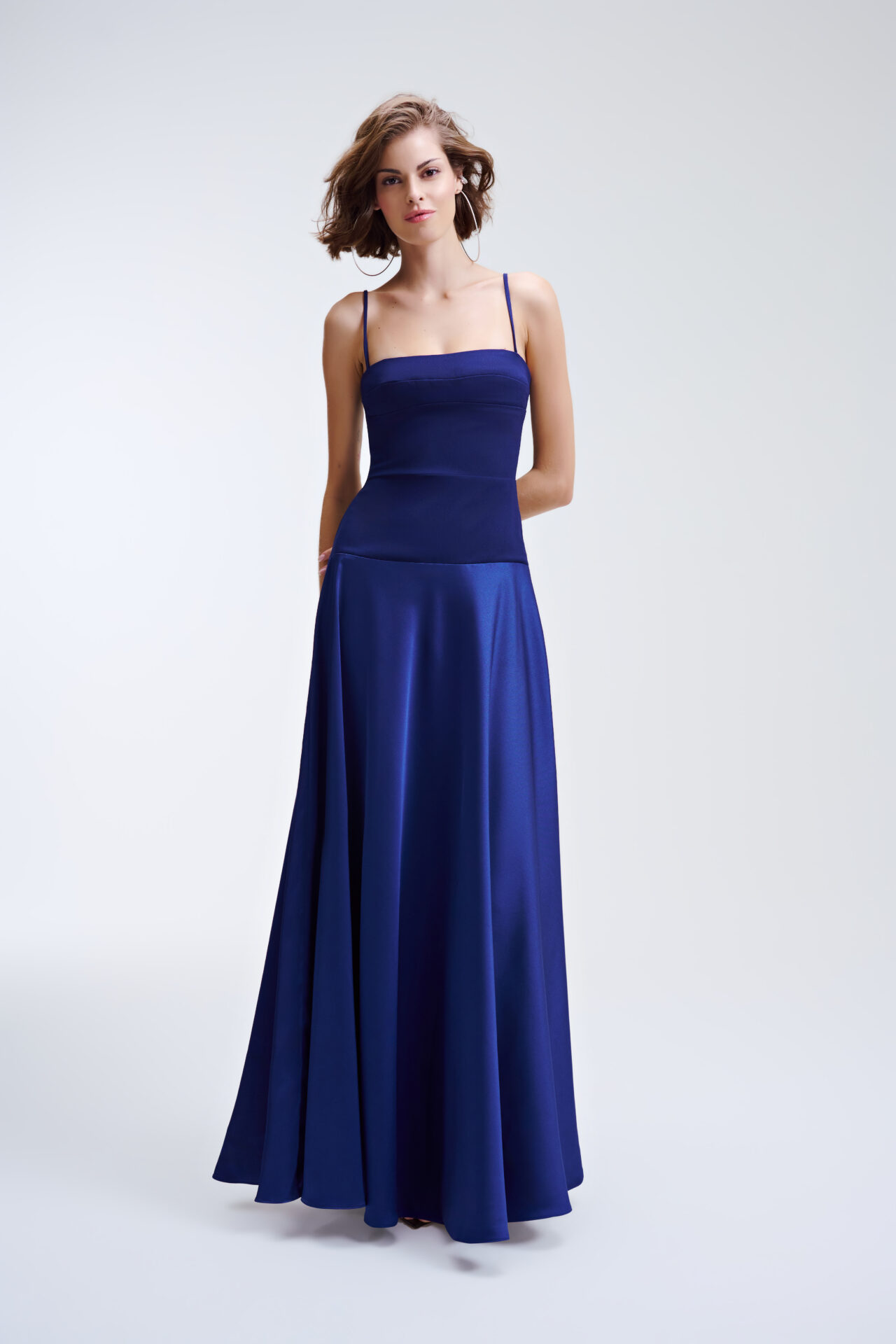 Vestido Longo Com Saia Acetinada e Alças Finas Amália - Marinho