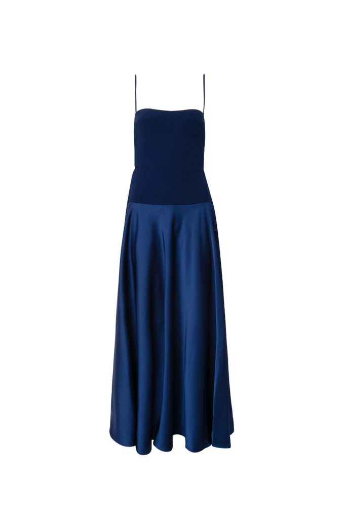 Vestido Longo Com Saia Acetinada e Alças Finas Amália - Marinho - Imagem 5