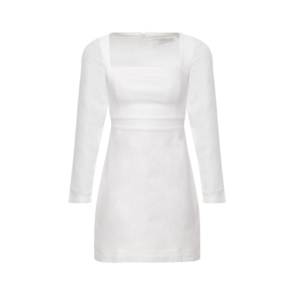 Vestido Curto De Linho Com Decote Quadrado E Manga Longa Silva - Off White - Imagem 5