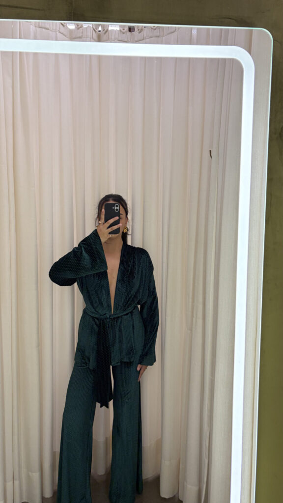 Conjunto Quimono e Calça Pantalona de Veludo Benedita - Verde Esmeralda - Imagem 7