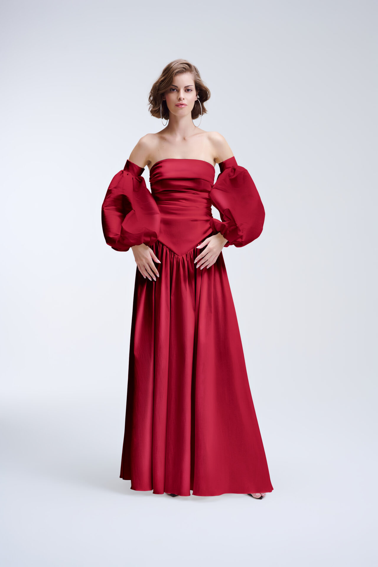 Vestido Longo Sem Alças Com Cintura Baixa e Detalhe em V e Mangas Bufantes Leonor - Vinho
