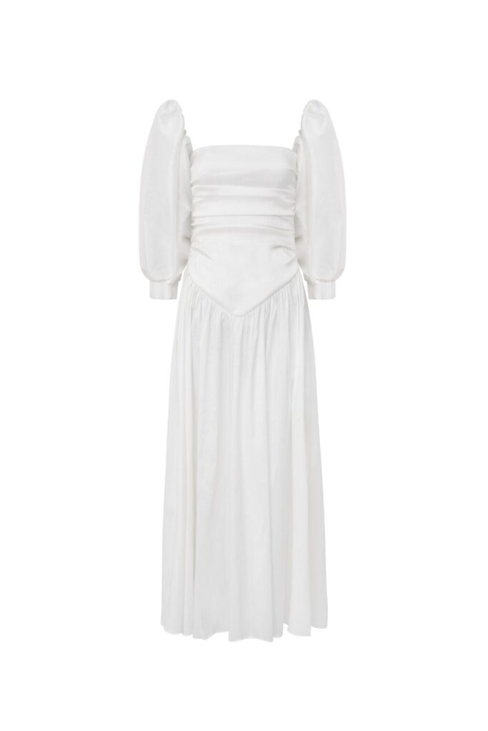 Vestido Longo Sem Alças Com Cintura Baixa e Detalhe em V e Mangas Bufantes Leonor - Off White - Imagem 8