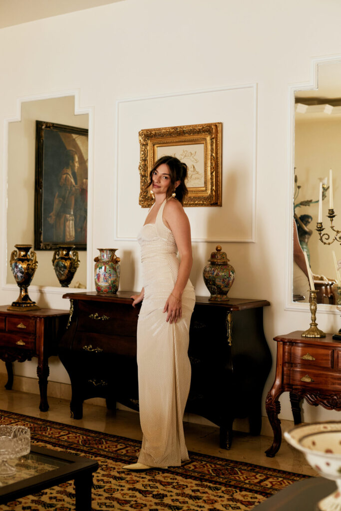 Vestido Longo De Veludo Drapeado Dora - Off White - Imagem 3