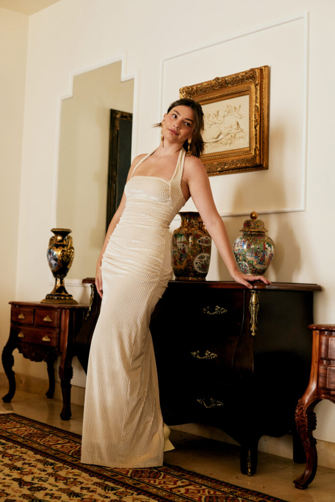 Vestido Longo De Veludo Drapeado Dora - Off White
