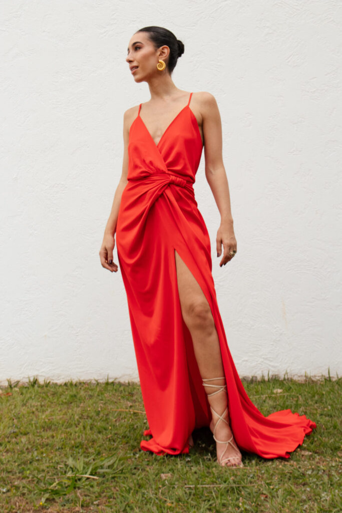 Vestido Drapeado Frente Única Com Fenda Pri – Laranja
